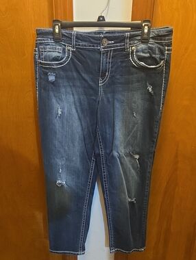 Maurices Dark Blue Distressed Cropped Jeans